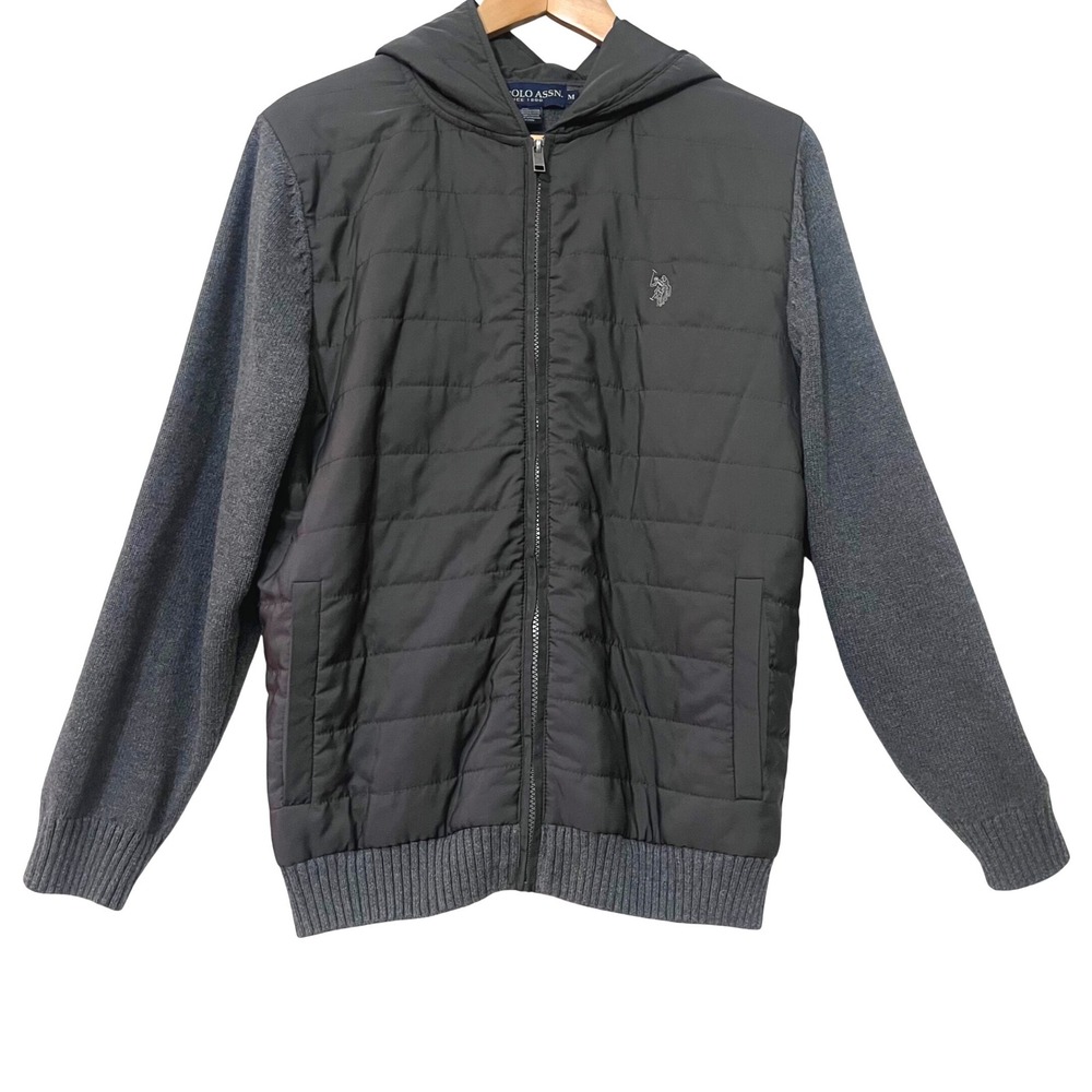 US Polo Assn Mens Hybrid Full-Zip Hoodie Quilted Puffer Sweater Jacket Gray Sz M
